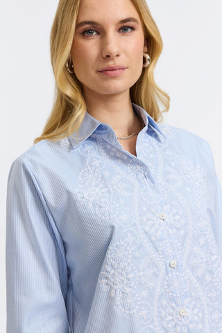 Close up on the crisp collar and subtle yet elegant embroidered pattern of the Meghan Embroidered Long Sleeve Shirt