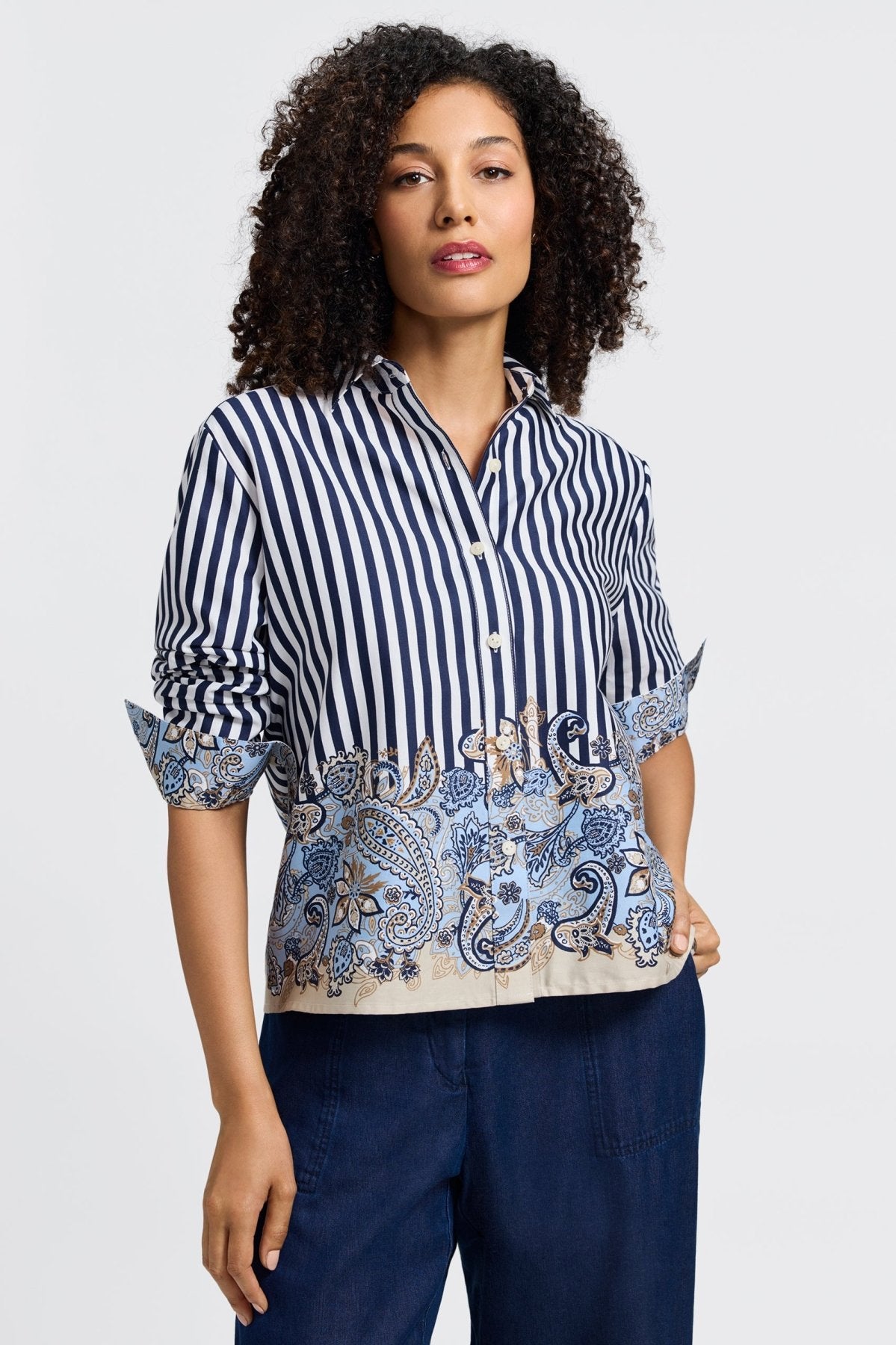 Jodie Petite Stripe Paisley Long Sleeve Short Shirt