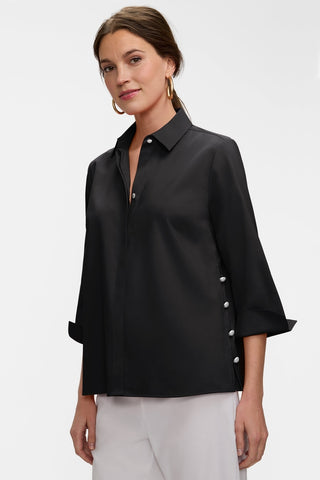 Angled front view of the Beatrice Pearl Stretch Matte Sateen 3/4 Sleeve Shirt
wotn untucked #color_black