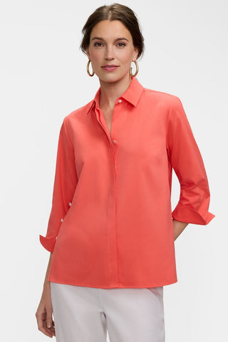 Front view of the Beatrice Pearl Stretch Matte Sateen 3/4 Sleeve Shirt worn untucked #color_georgia peach