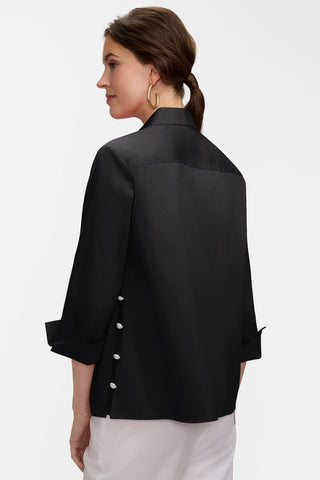 Angled back view of the Beatrice Pearl Stretch Matte Sateen 3/4 Sleeve Shirt
#color_black