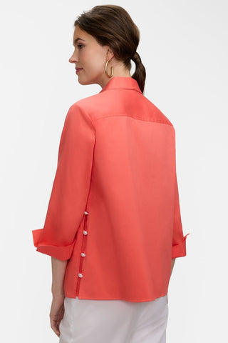 Back view of the Beatrice Pearl Stretch Matte Sateen 3/4 Sleeve Shirt worn untucked #color_georgia peach