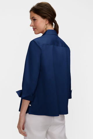 Angled back view of the Beatrice Pearl Stretch Matte Sateen 3/4 Sleeve Shirt
 #color_navy