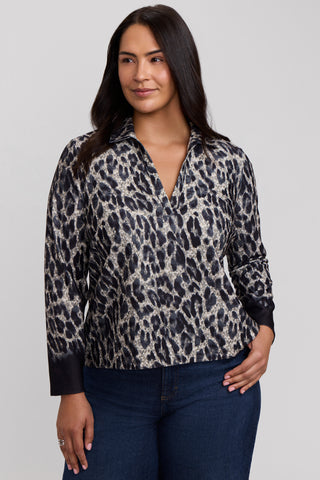 Talia Plus Midnight Cheetah Knit Crepe Long Sleeve Polo Top