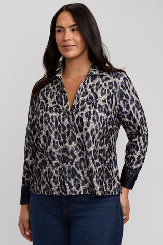Talia Plus Midnight Cheetah Knit Crepe Long Sleeve Polo Top