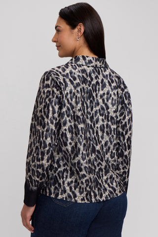 Talia Plus Midnight Cheetah Knit Crepe Long Sleeve Polo Top