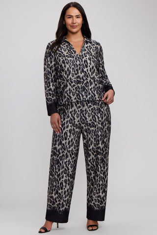 Talia Plus Midnight Cheetah Knit Crepe Long Sleeve Polo Top