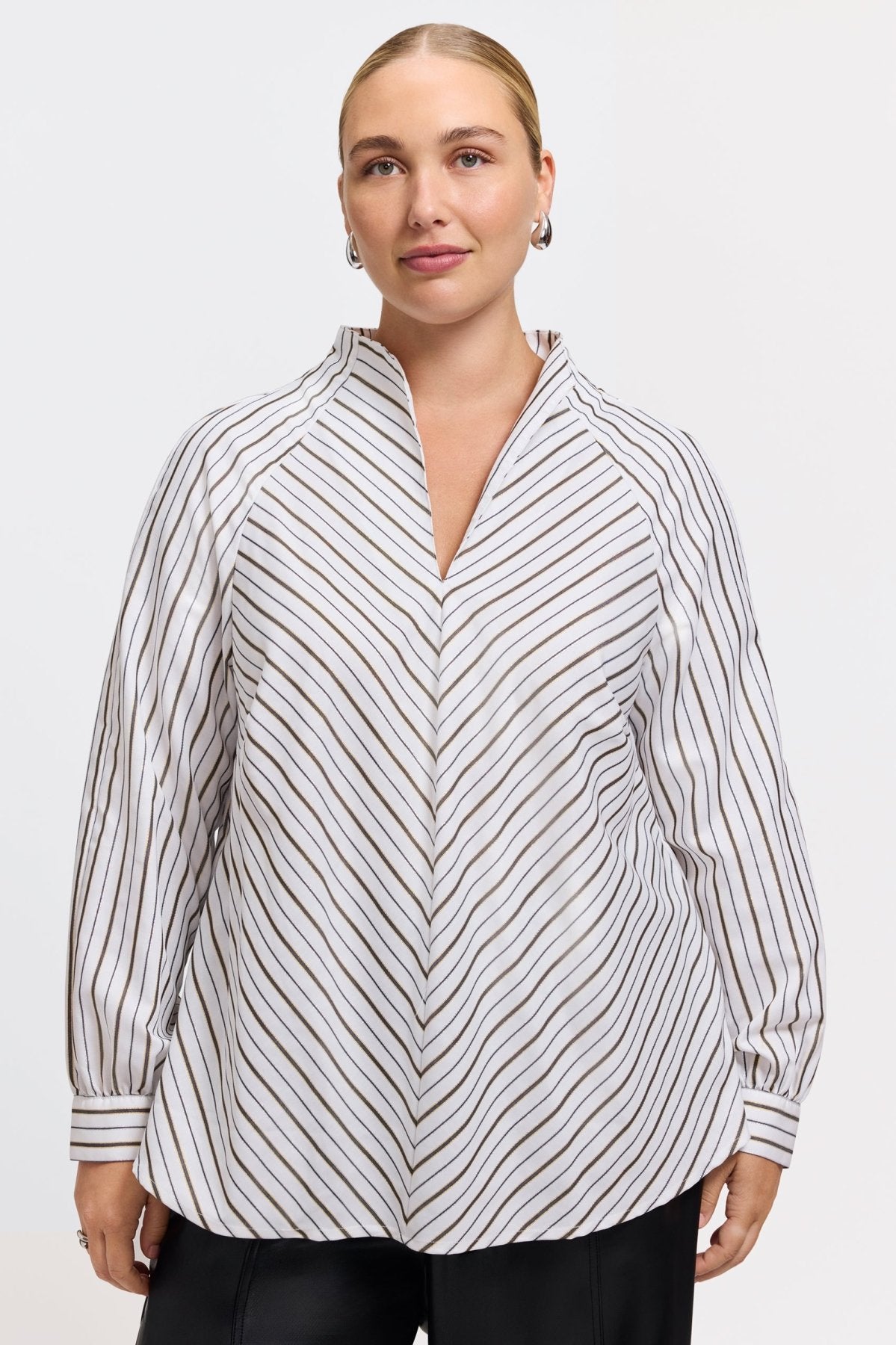 Daphne Plus Metallic Stripe Long Sleeve Popover Shirt