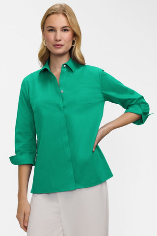 Front view of the Beatrice Pearl Stretch Matte Sateen 3/4 Sleeve Shirt
worn with the cuffs turned back #color_kelly green