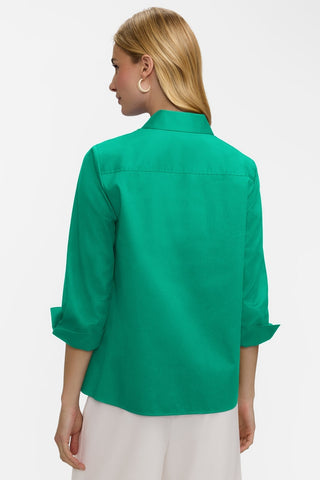 Back view of the Beatrice Pearl Stretch Matte Sateen 3/4 Sleeve Shirt worn untucked #color_kelly green
