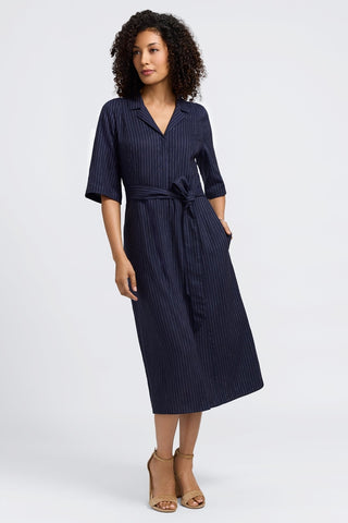 Front full view of the Aniston Pinstripe Linen Short Sleeve Dress