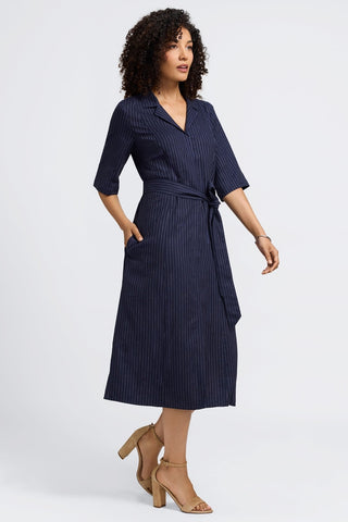 Angled side view of the Aniston Pinstripe Linen Short Sleeve Dress with the optional self-tie belt defining the waist 