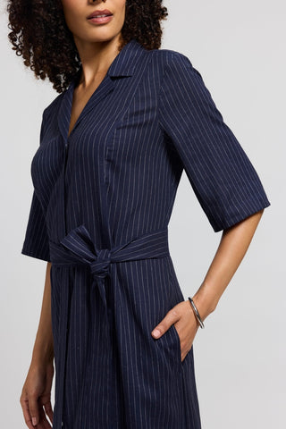 Close up view of the Aniston Pinstripe Linen Short Sleeve Dress featuring the functioning pockets 