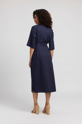 Back view of the Aniston Pinstripe Linen Short Sleeve Dress and it's flattering fit 