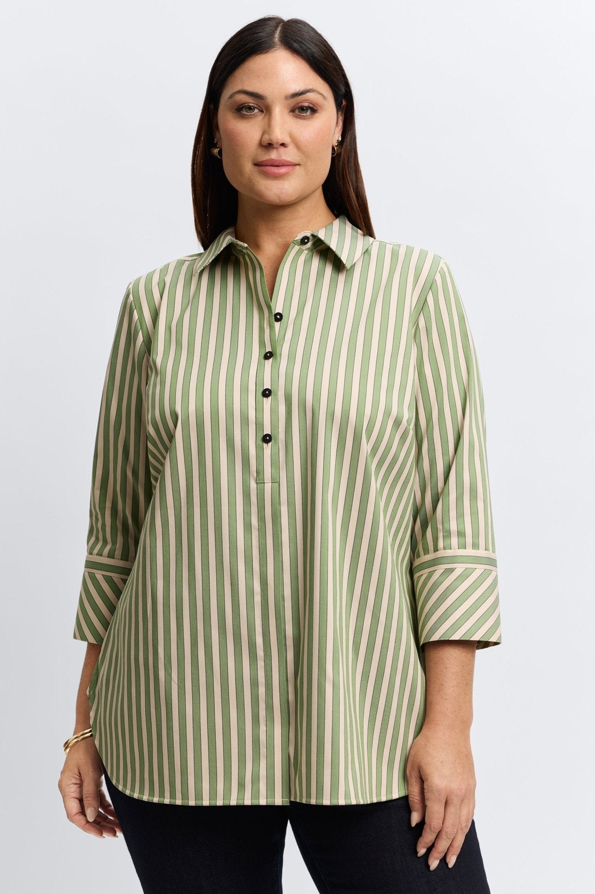 Madison Plus No Iron Stretch Striped 3/4 Sleeve Tunic