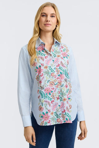 Front view of model wearing the Meghan Striped Floral Long Sleeve Shirt