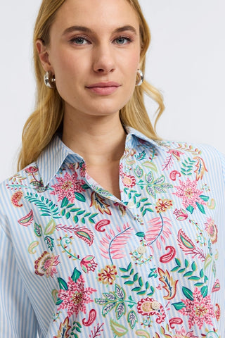 Close up on the collar and embroidery pattern of the Meghan Striped Floral Long Sleeve Shirt