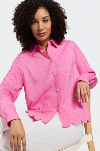 Model sitting in a chair wearing the Scarlett Solid Linen Long Sleeve Shirt
#color_cosmo pink