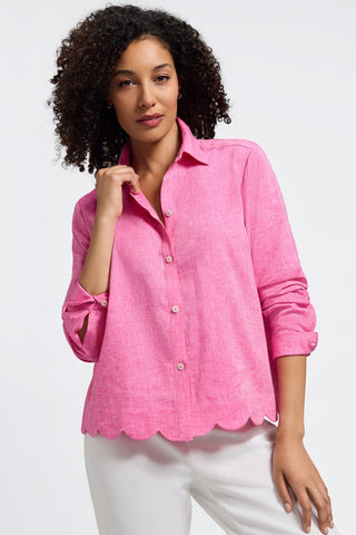 Front view of the Scarlett Solid Linen Long Sleeve Shirt with sleeves pushed up to elbows #color_cosmo pink