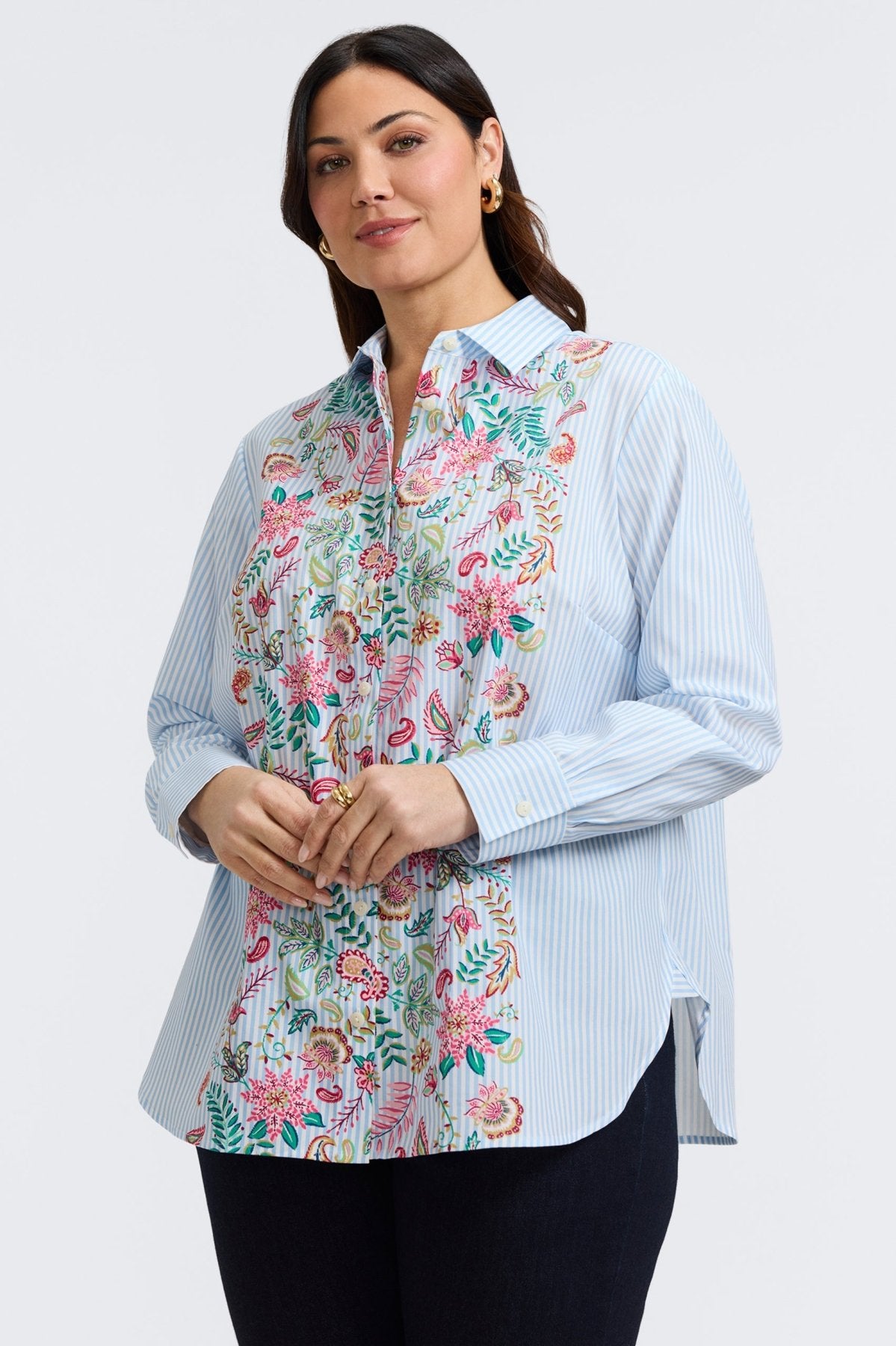 Plus-size woman in a blue floral stripe button-down from Foxcroft, offering cheerful sophistication with breathable ease. (3)