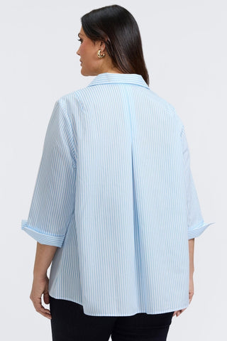 Plus-size woman in a blue floral stripe button-down from Foxcroft, offering cheerful sophistication with breathable ease. (2)