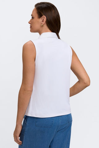 Back view of a model wearing the Taylor Knit-Woven Sleeveless Layering Tank
#color_white