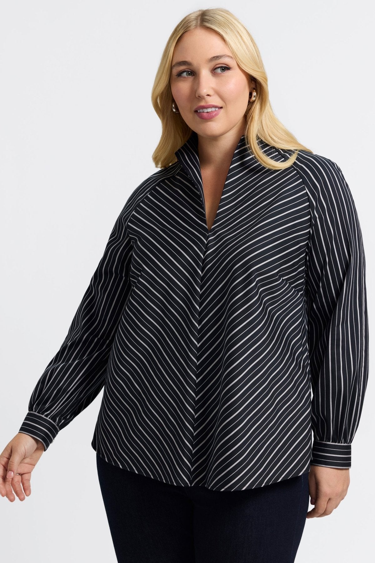 Daphne Plus Classic Wide Stripe Long Sleeve Popover Shirt