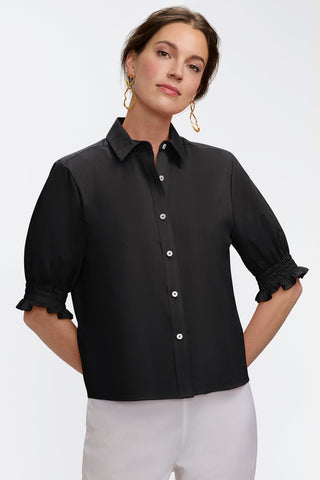 Front view of the Vivienne Stretch Matte Sateen Elbow Sleeve Shirt and it's short length for easier styling #color_black