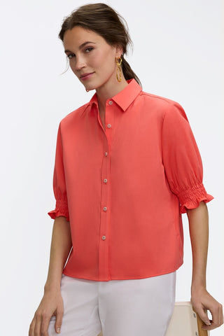 Angled front view of the Vivienne Stretch Matte Sateen Elbow Sleeve Shirt #color_georgia peach
