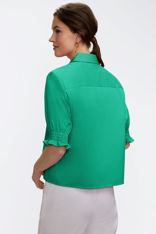 Angled back view of the Vivienne Stretch Matte Sateen Elbow Sleeve Shirt #color_kelly green