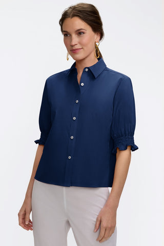 Front view of the Vivienne Stretch Matte Sateen Elbow Sleeve Shirt #color_navy