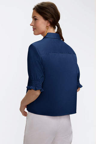 Angled back view of the Vivienne Stretch Matte Sateen Elbow Sleeve Shirt 
#color_navy