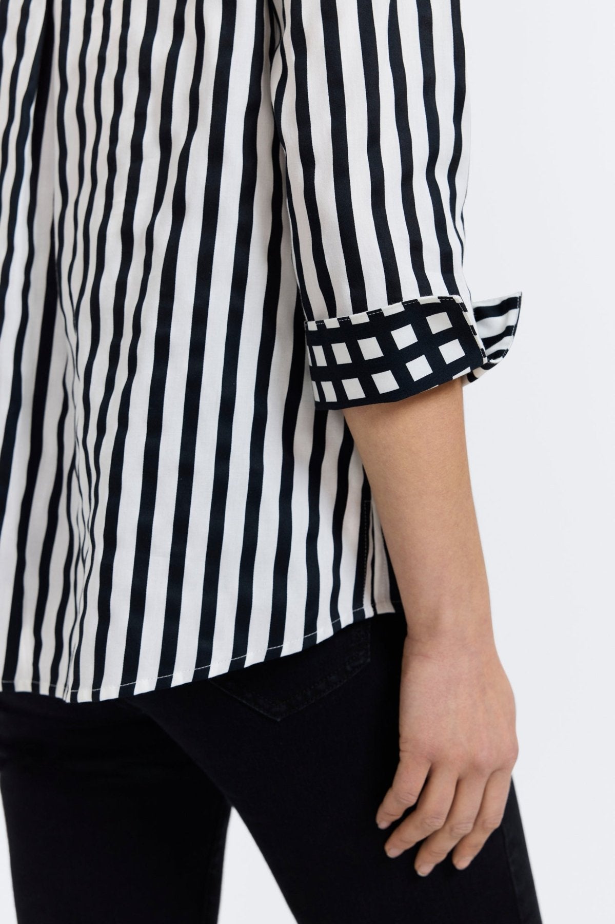 Agnes Black Stripe & Gingham 3/4 Sleeve Popover Shirt