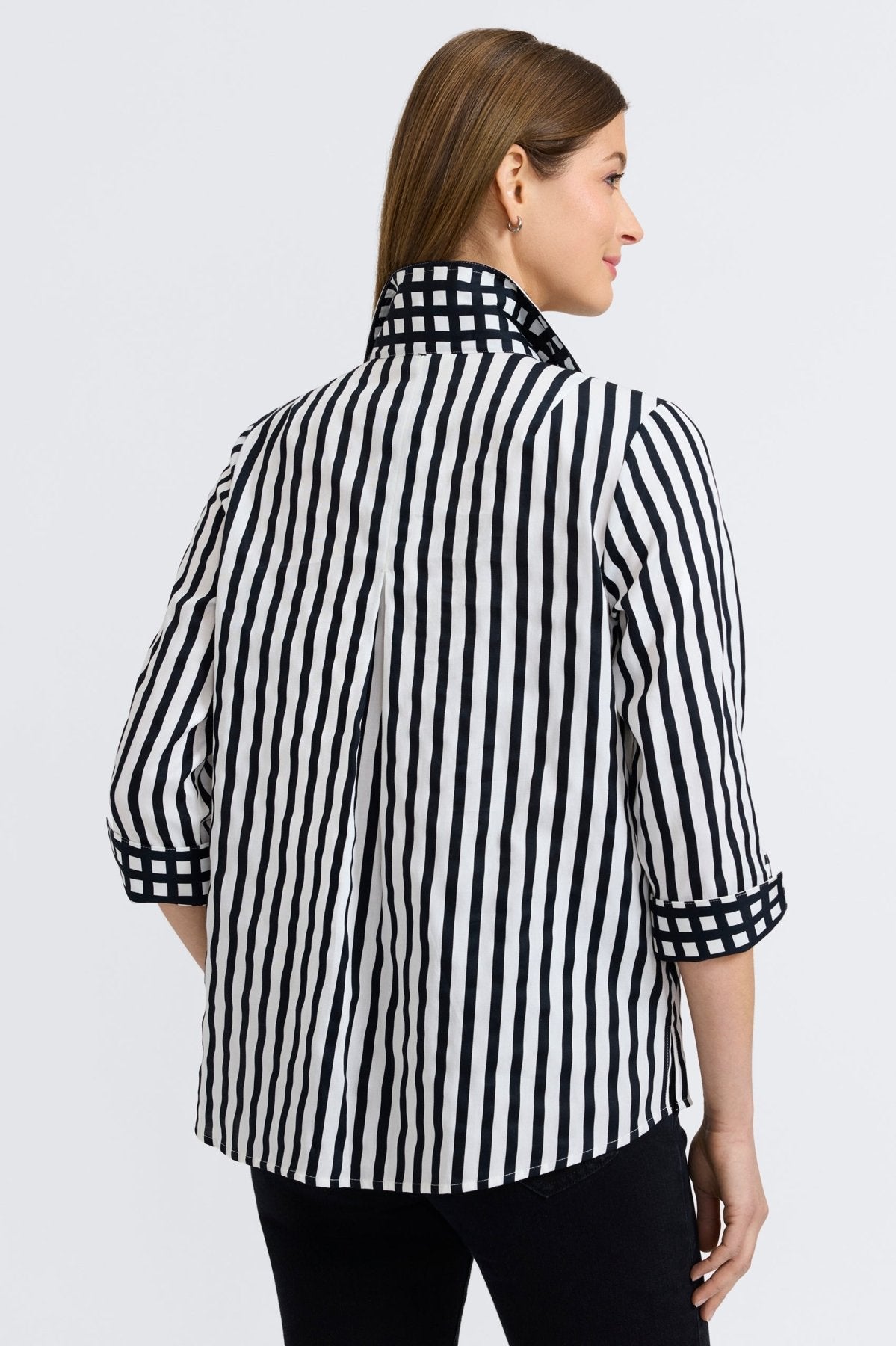 Agnes Black Stripe & Gingham 3/4 Sleeve Popover Shirt