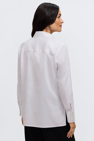 Back view of Pearl Stretch Matte Sateen Long Sleeve Shirt #color_white