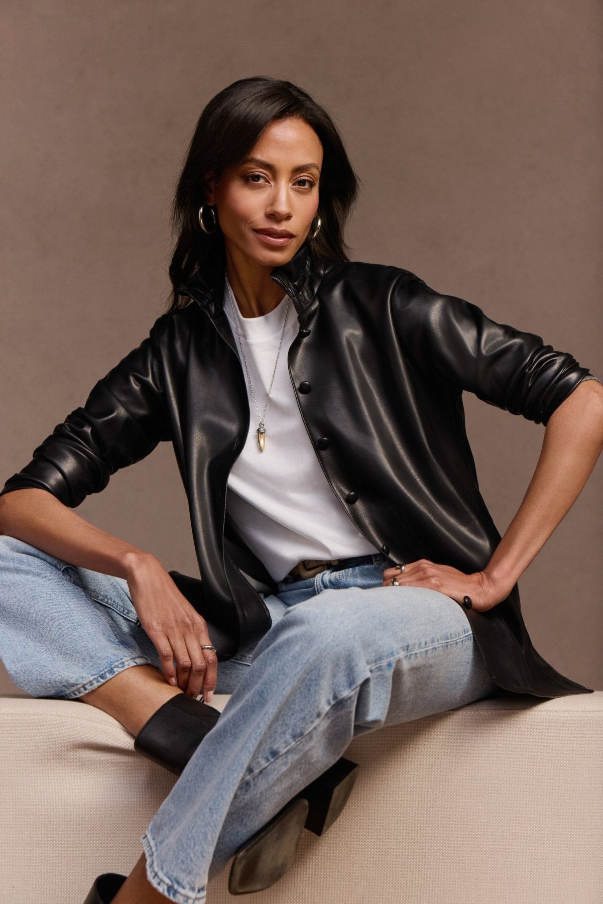 Carolina Vegan Leather Long Sleeve Shirt Jacket