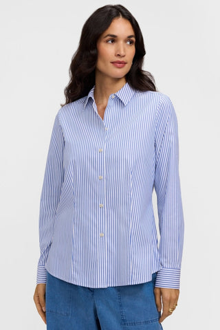 Dianna 100% cotton pinpoint stripe long sleeve shirt in #color_powder blue pinpoint stripe