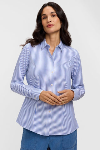 Front of the Dianna pinpoint stripe button down shirt in #color_powder blue pinpoint stripe