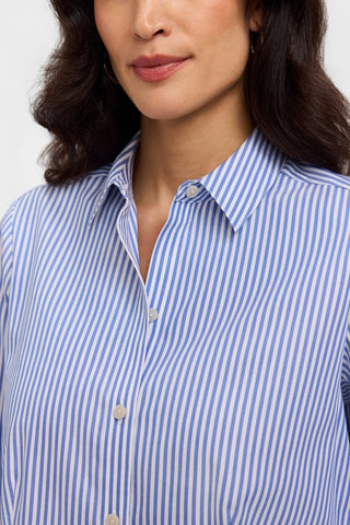 Point collar and buttons of the Dianna stripe long sleeve shirt in #color_powder blue pinpoint stripe