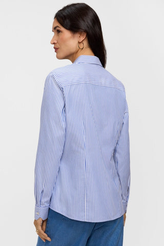 Rear view of the Dianna pinpoint stripe long sleeve dress shirt in #color_powder blue pinpoint stripe