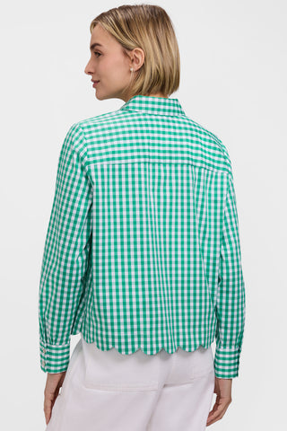 Back view of the Scarlett Gingham Stretch Matte Sateen Long Sleeve Shirt
#color_kelly green/white gingham