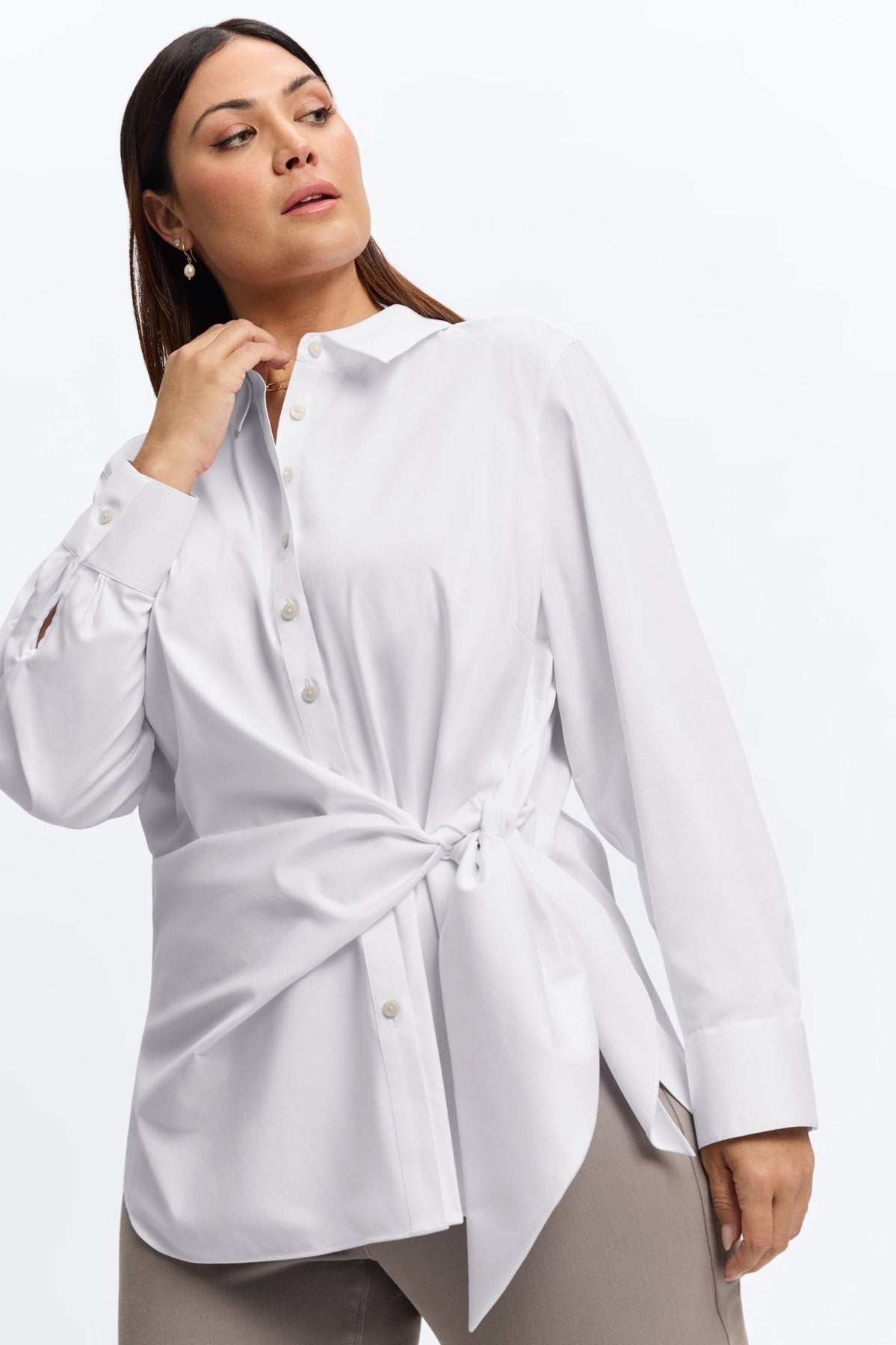 Sabine Plus No Iron Stretch Matte Sateen Tie Long Sleeve Shirt
