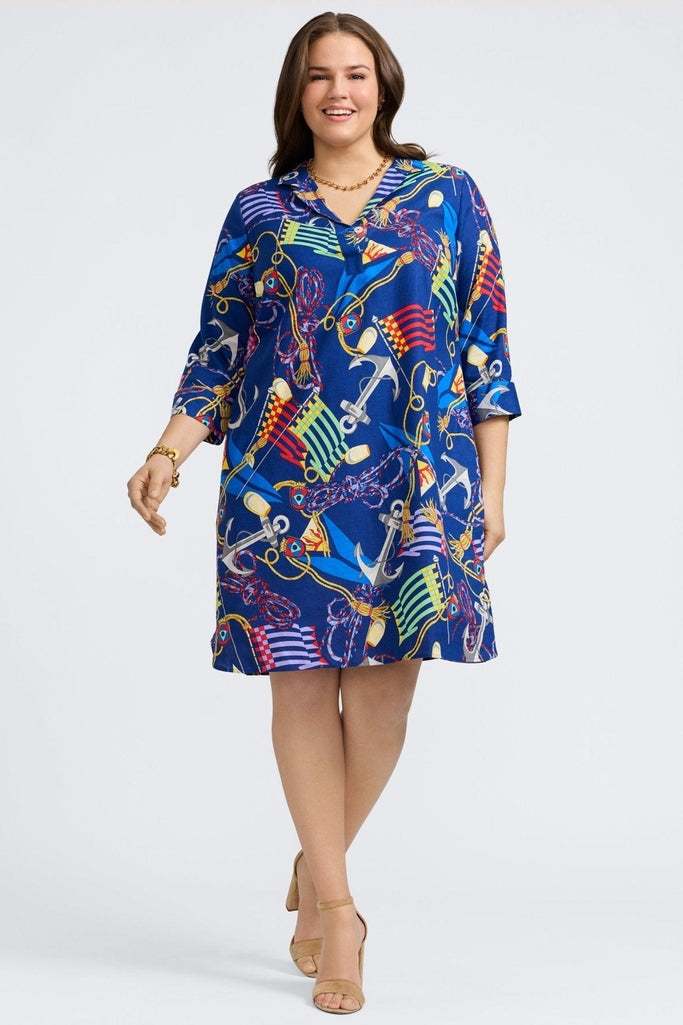 Foxcroft Women's Sloane Nautical Print Linen Blend Shirtdress - Blue - Casual dresses Foxcroft Women's Sloane Nautical Print Linen Blend Shirtdress - Blue - Casual dresses
