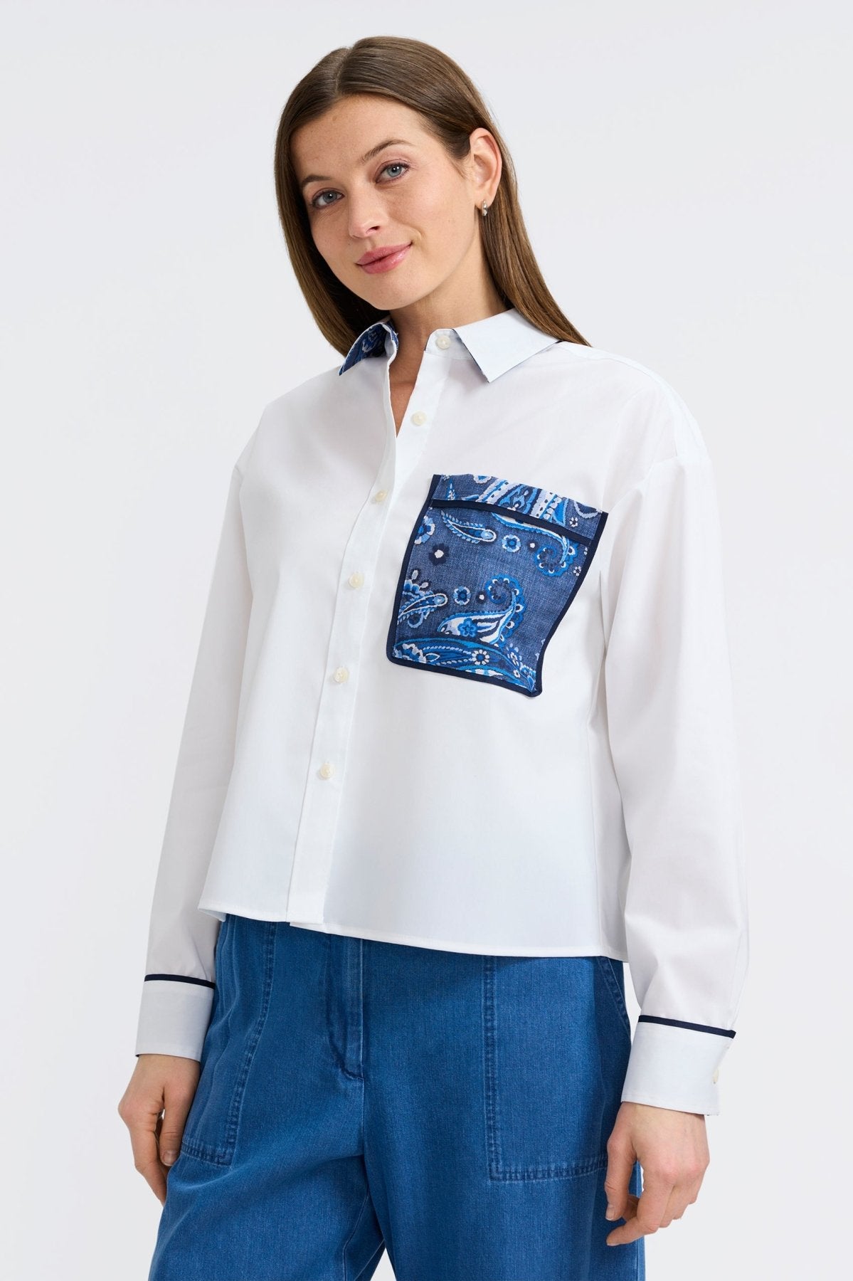 Marina Denim Paisley Long Sleeve Short Shirt