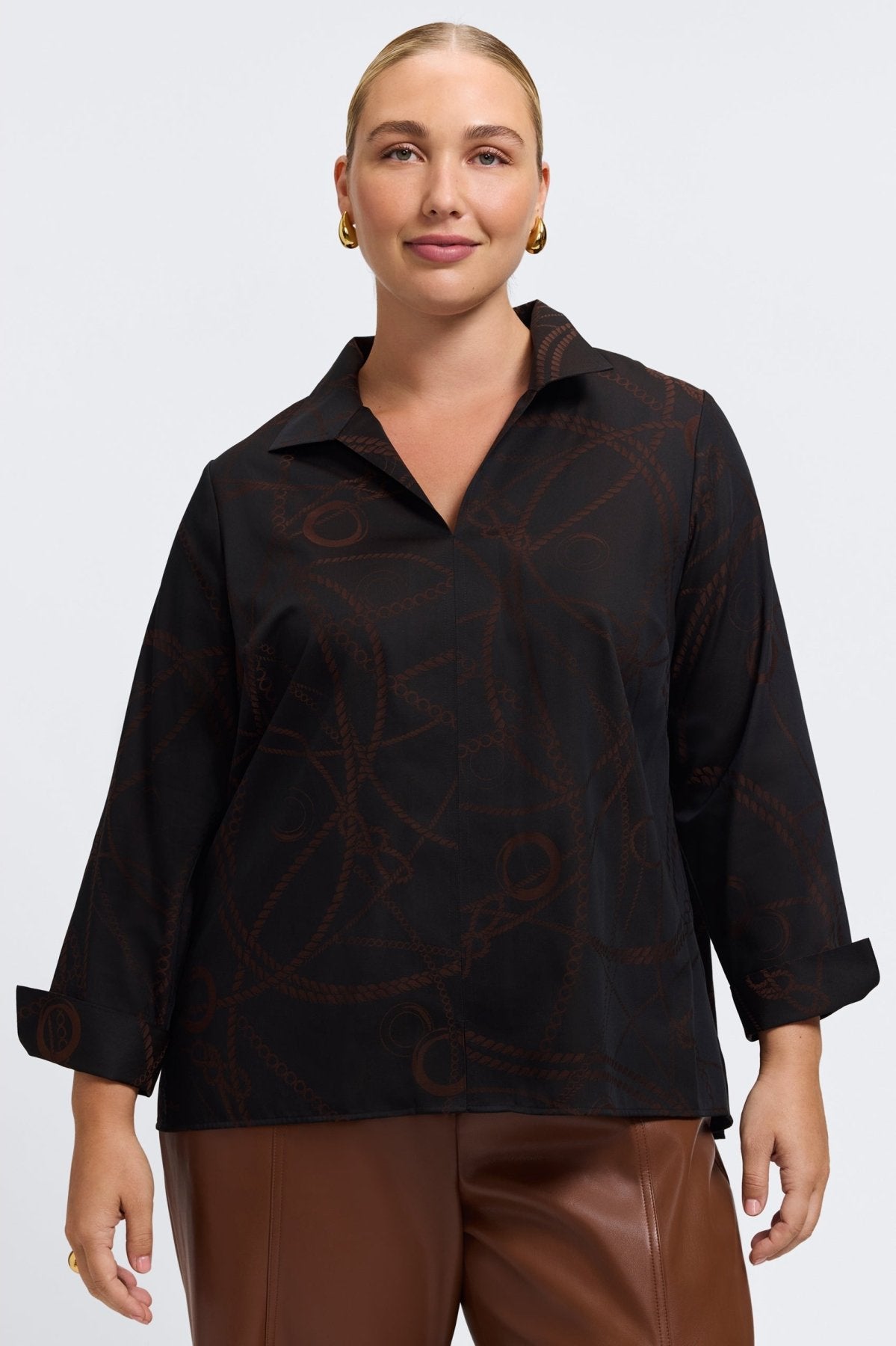Agnes Plus Chain Stripe Jacquard Long Sleeve Popover Shirt
