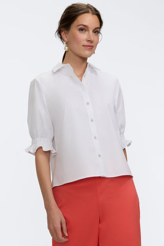 Front view of the Vivienne Stretch Matte Sateen Elbow Sleeve Shirt #color_white
