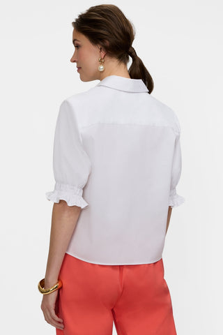 Angled back view of the Vivienne Stretch Matte Sateen Elbow Sleeve Shirt #color_white