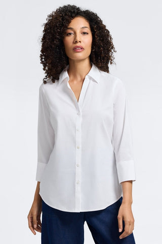 Front view of a woman wearing the Mary No Iron Stretch 3/4 Sleeve Shirt #color_white