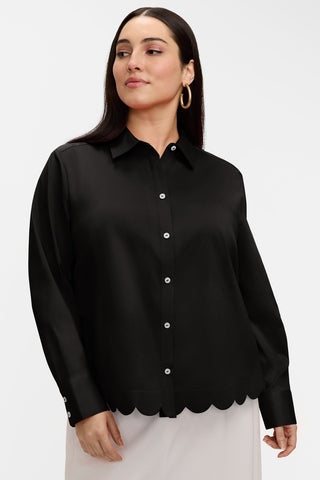Front view of the Scarlett Plus Stretch Matte Sateen Long Sleeve Shirt