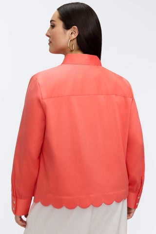 Back view of model wearing the Scarlett Plus Stretch Matte Sateen Long Sleeve Shirt